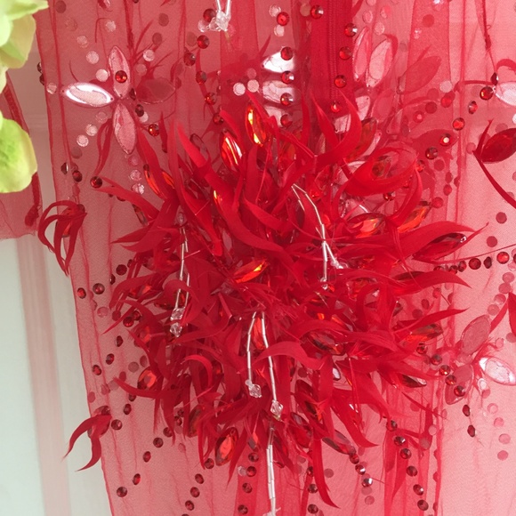 NEW! RED ANGEL DRESS HAND BEADED REAL FEATHER GOWN - Picture 9 of 15